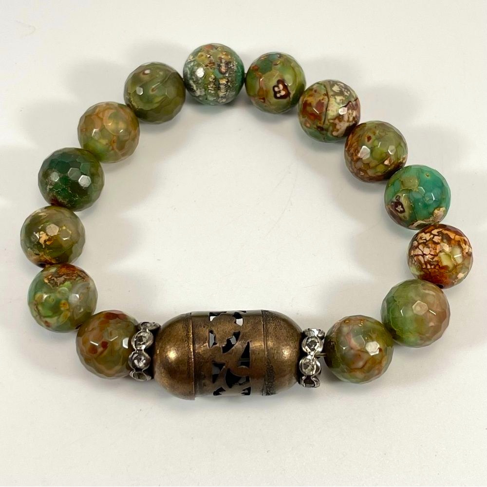 Rhyolite Crystal Beaded Copper Tone Bead Statement Bracelet Stretch Boho Fashion